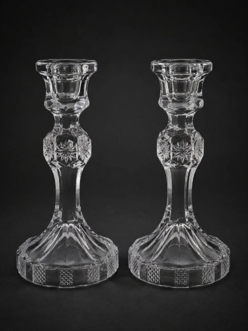 Vintage Clear Pressed Glass Starburst Candlestick Holders Set of 2